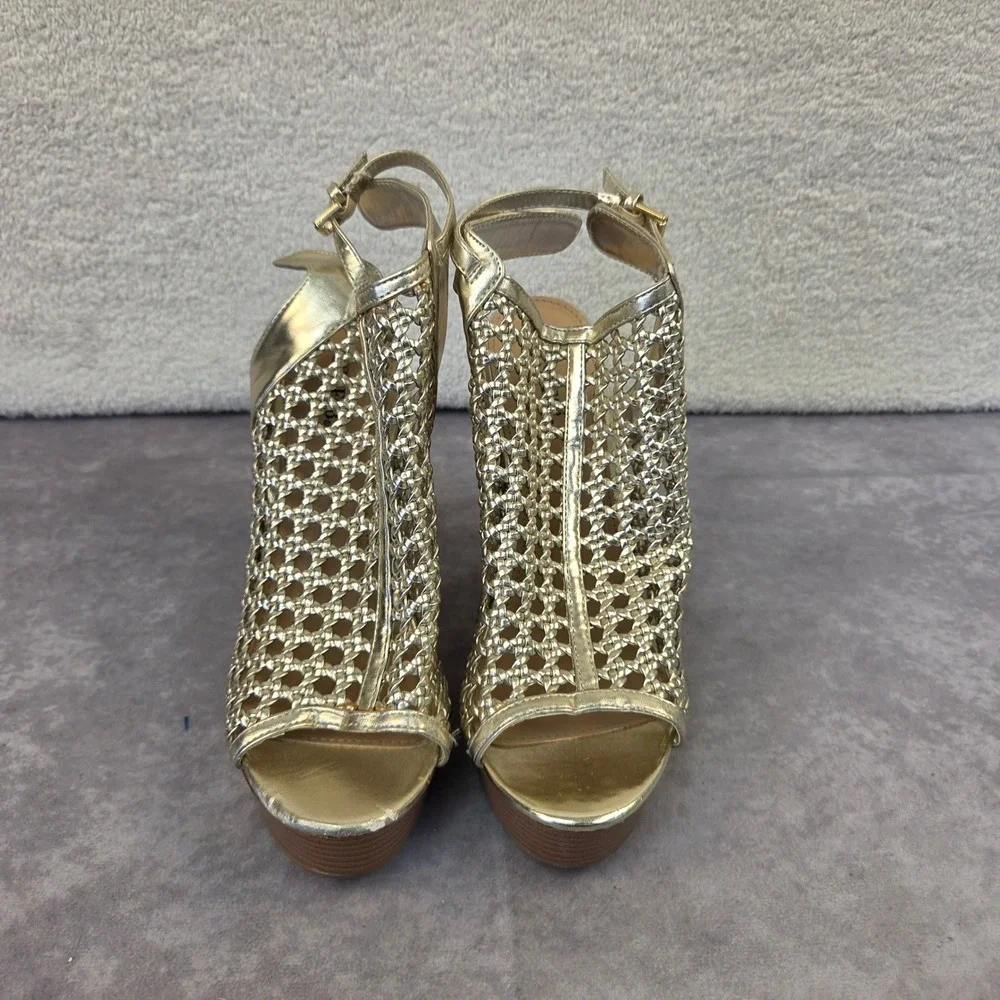 JustFab Sumner Gold Woven Wedge Sandals Metallic Strappy Platform Heels W-9.5